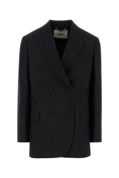 Fendi Embroidered Wool Blend Blazer In Black