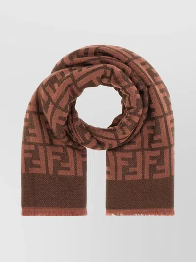 Fendi Embroidered Wool Blend Fringed Scarf In Praline