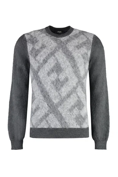 Fendi Embroidered Wool Blend Sweater In Gray