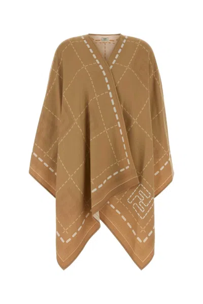 Fendi Embroidered Wool Cape In Brown