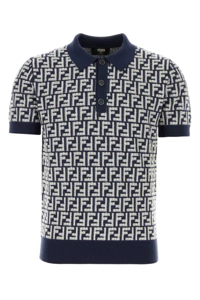 Fendi Wool Polo Shirt With Embroidered Geometric Pattern In Navy