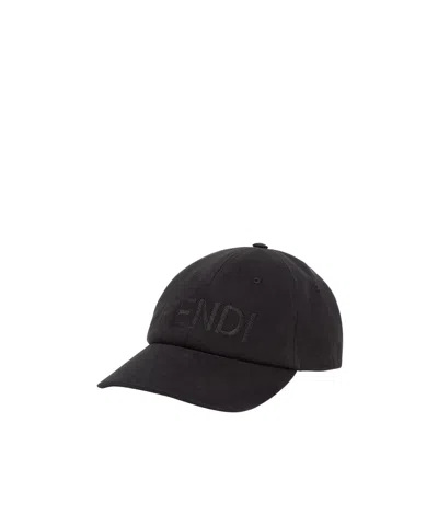 Fendi Men Wool Blend Baseball Hat With Logo Embroidery In Black