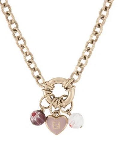 Pre-owned Fendi Enamel & Resin Charm Pendant Necklace, 18" In Clear/pink/red