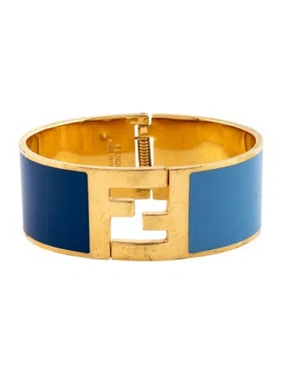 Pre-owned Fendi Enamel Ff Hinged Cuff Bracelet, 6" In Blue
