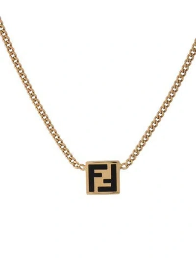 Pre-owned Fendi Enamel 'forever ' Pendant Necklace, 18" In Black