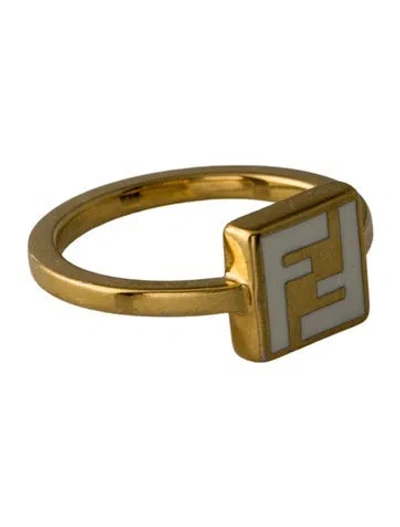 Pre-owned Fendi Enamel Logo Cocktail Ring In White