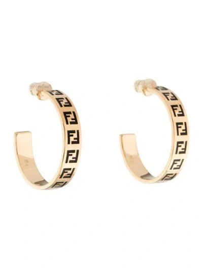 Pre-owned Fendi Enamel Logo Hoop Earrings In Black