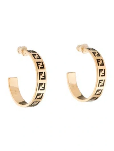 Pre-owned Fendi Enamel Logo Hoop Earrings In Black