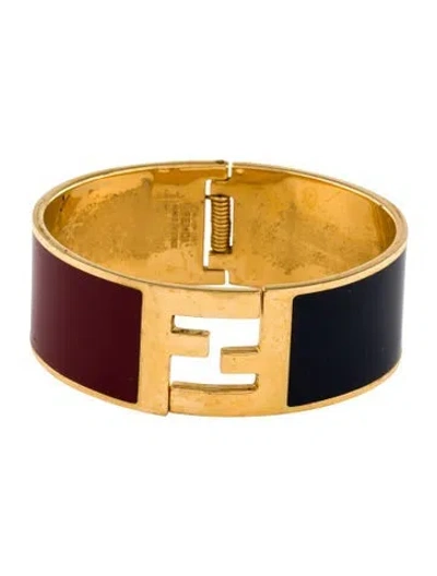 Pre-owned Fendi Enamel 'the Sta' Hinged Bangle Bracelet, 6" In Black/burgundy
