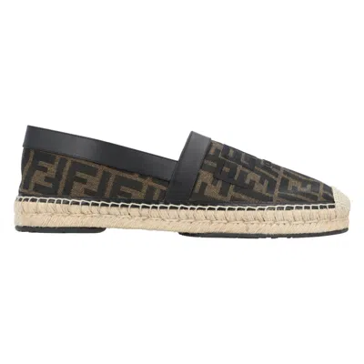 Fendi Espadrilles With Jacquard Ff Motif And Leather Accents In Gray