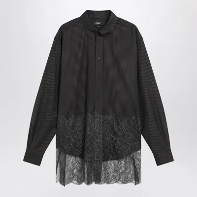 Fendi Espresso Pinstriped Wool Shirt With Lace Trim In Black