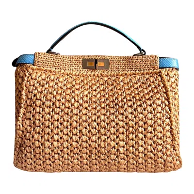 Pre-owned Fendi Exotic Xl Woven Peekaboo Raffia Bag Tote With Shoulder Strap In Sand