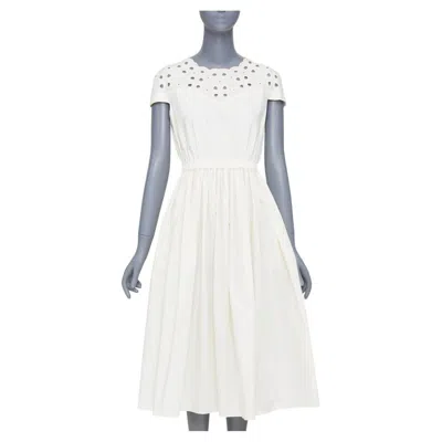 Pre-owned Fendi Eyelet Cutout Scalloped Yoke White Cotton Poplin Midi Dress It40 S