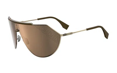 Pre-owned Fendi Eyeline Ffm0075s 0j5g Brown Gold Print Mirror Shield Sunglasses In J5gvp