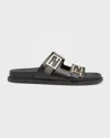 Fendi F Buckle Leather Slide Sandals In Black