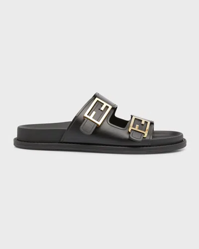 FENDI F BUCKLE LEATHER SLIDE SANDALS