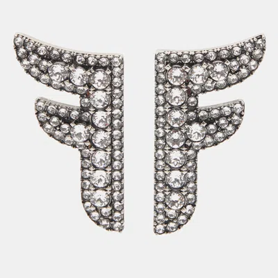 Pre-owned Fendi F Crystals Silver Tone Earrings