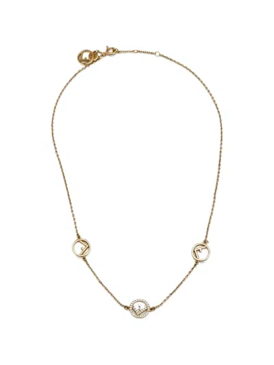 Pre-owned Fendi F Is  Crystal Station Necklace In Gold