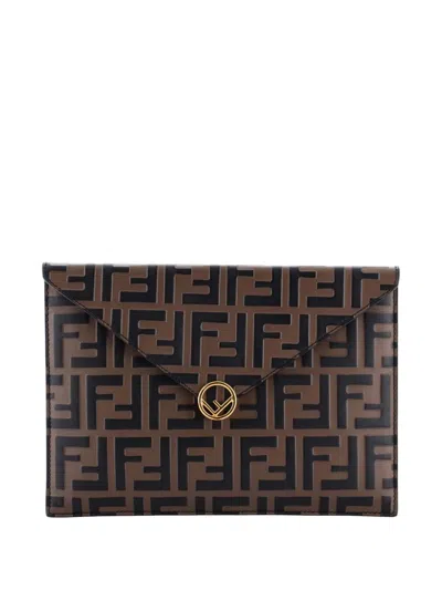 Pre-owned Fendi F Is  Envelope Flat Pouch Zucca Embossed Leather Large Clutch Bag In Brown