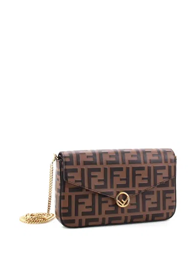 Pre-owned Fendi F Is  Envelope On Chain Zucca Embossed Leather Clutch Bag In Brown