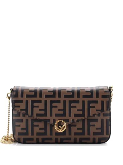 Pre-owned Fendi F Is  Envelope On Chain Zucca Embossed Leather Clutch Bag In Brown