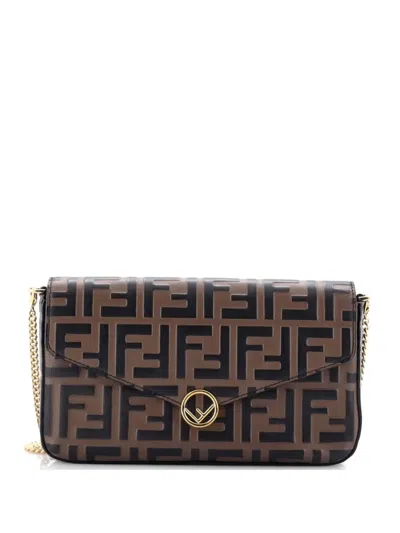 Pre-owned Fendi F Is  Envelope On Chain Zucca Embossed Leather Clutch Bag In Brown