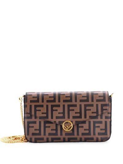 Pre-owned Fendi F Is  Envelope On Chain Zucca Embossed Leather Clutch Bag In Brown