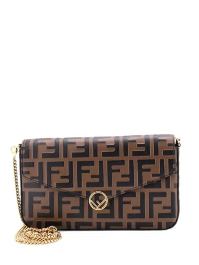 Pre-owned Fendi F Is  Envelope On Chain Zucca Embossed Leather Clutch Bag In Brown