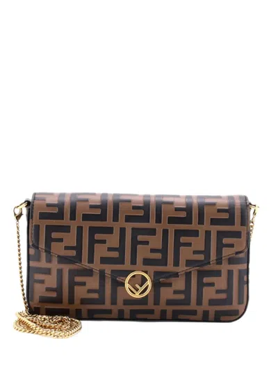 Pre-owned Fendi F Is  Envelope On Chain Zucca Embossed Leather Clutch Bag In Brown