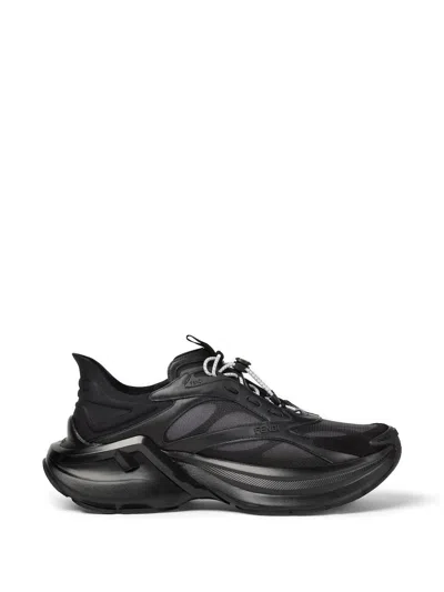 Fendi F-light Leather And Mesh Sneakers In Black