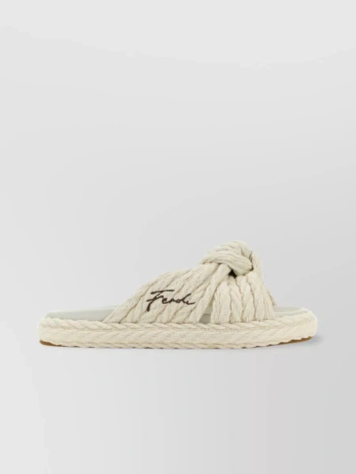 Fendi Fabric Woven Knot Slippers In Cream