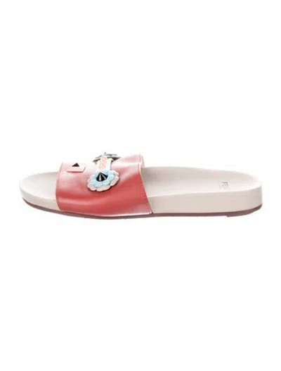 Pre-owned Fendi Faces Motif Leather Slides In Red