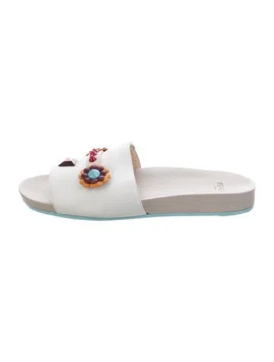 Pre-owned Fendi Faces Motif Leather Slides In Silver