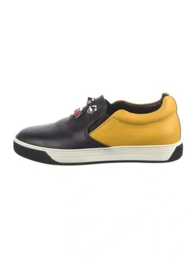 Pre-owned Fendi Faces Motif Leather Sneakers In Blue
