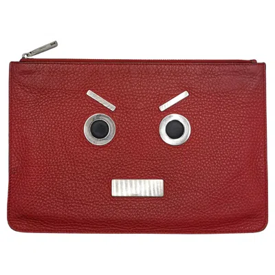 Pre-owned Fendi Faces Red Leather Clutch Bag, Angry Face, No Words