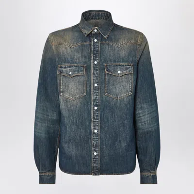 Fendi Faded Stone-wash Denim Distressed Shirt With Chest Pockets In Animal Print
