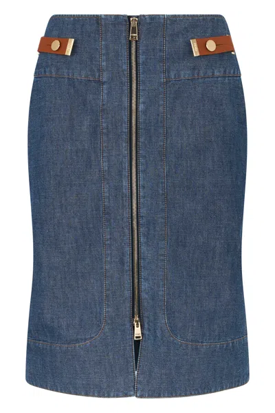 Fendi Flared Midi Denim Skirt With Quilted Ff Motif In Blue