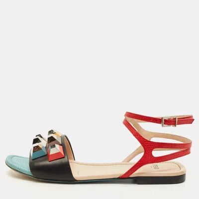 Pre-owned Fendi Fantasia Size 37 Multicolor Leather Ankle Strap Flat Sandals
