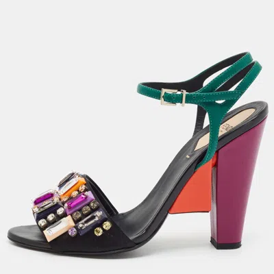 Pre-owned Fendi Fantasia Size 38 Multicolor Leather Crystal Embellished Ankle Strap Sandals