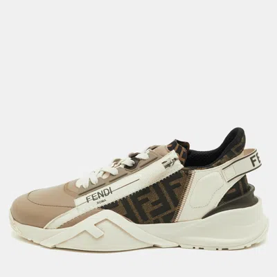 Pre-owned Fendi Faster Size 42 Beige/tobacco Zucca Canvas And Leather Low Top Sneakers In Brown