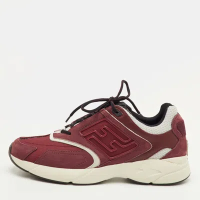 Pre-owned Fendi Faster Size 42 Burgundy Fabric Leather And Suede Low Top Sneakers