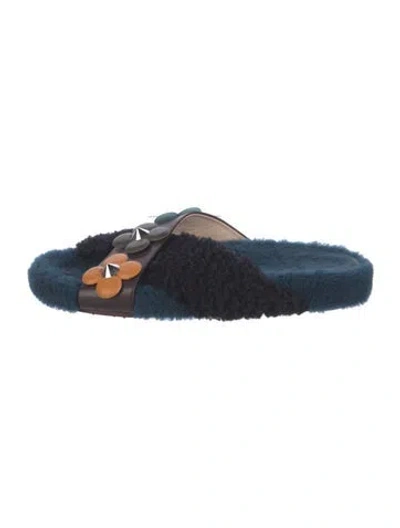 Pre-owned Fendi Faux Fur Floral Print Slides In Blue