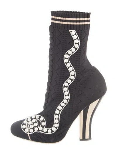 Pre-owned Fendi Faux Pearl Accents Graphic Print Sock Boots In Black