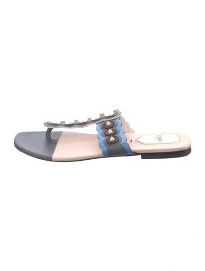 Pre-owned Fendi Faux Pearl Accents Leather Slides In Blue