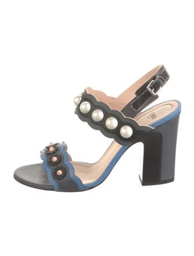 Pre-owned Fendi Faux Pearl Accents Leather Slingback Sandals In Gray