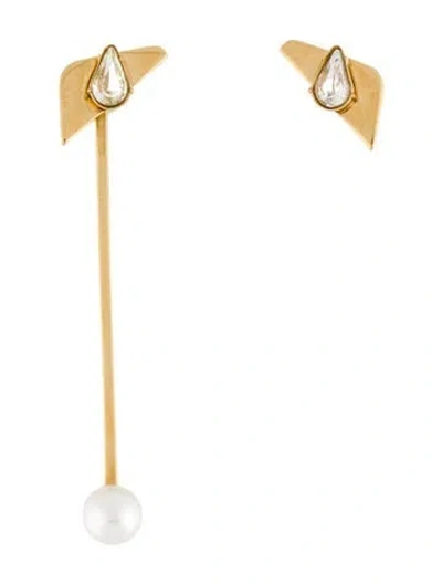 Pre-owned Fendi Faux Pearl & Crystal Asymmetrical Drop Earrings In White