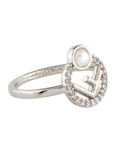Pre-owned Fendi Faux Pearl & Crystal Cocktail Ring In White
