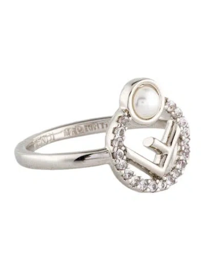 Pre-owned Fendi Faux Pearl & Crystal 'f' Cocktail Ring In Multi