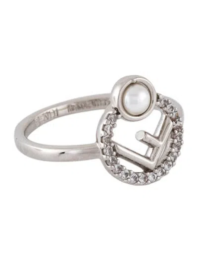 Pre-owned Fendi Faux Pearl & Crystal 'f Is ' Cocktail Ring In Clear/white