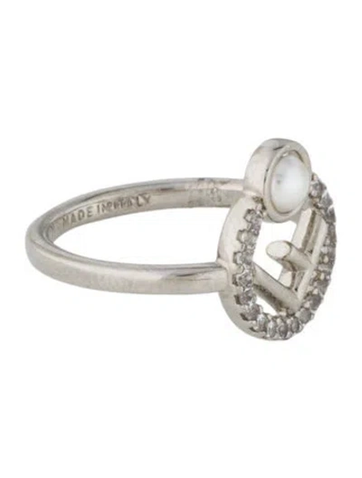 Pre-owned Fendi Faux Pearl & Crystal F Is  Cocktail Ring In White